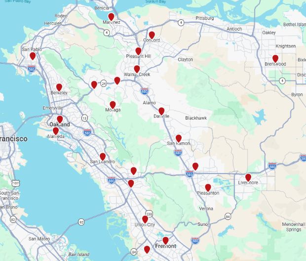 Velvet Home Staging East Bay service area map highlighting locations covered by the professional home staging service throughout the East Bay region