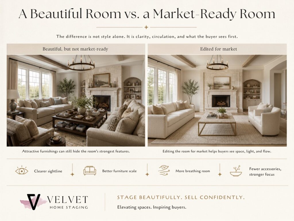 Velvet Home Staging comparison of a decorated living room and a simplified market-ready layout in San Leandro CA