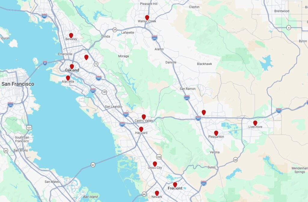 Service area map showing locations served by Velvet Home Staging for home staging services in San Leandro and the surrounding areas